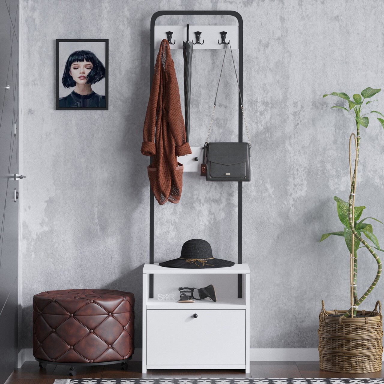 Cuier de perete, Hanah Home, Tina, 50x170x35 cm, Alb/Negru - imagine 6